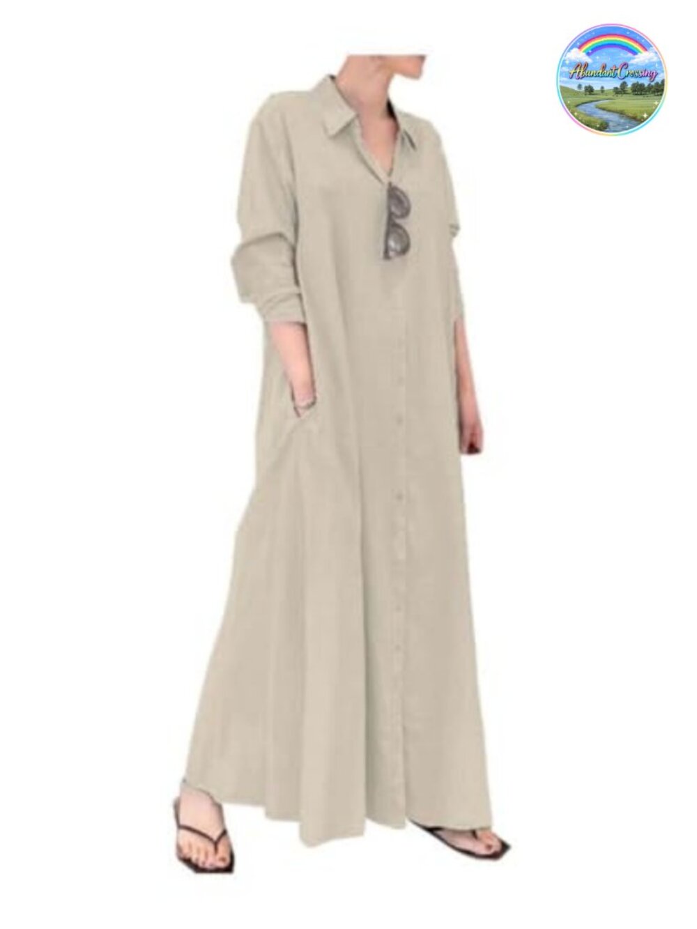 Women's Cotton Linen Maxi Dress Long Sleeve Button Down Shirt Dress